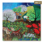 A completed jigsaw puzzle featuring a colorful folk-art style scene with a person tending a small dog in a garden, surrounded by blooming trees, flowers, a fox, and a small house under a crescent moon. A small label in the top-right corner reads MINI QT.