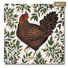 A square decorative print or tile featuring an illustrated brown hen surrounded by green leaves and small red berries on a white background, with a small 'MINI QT' label in the top-right corner.